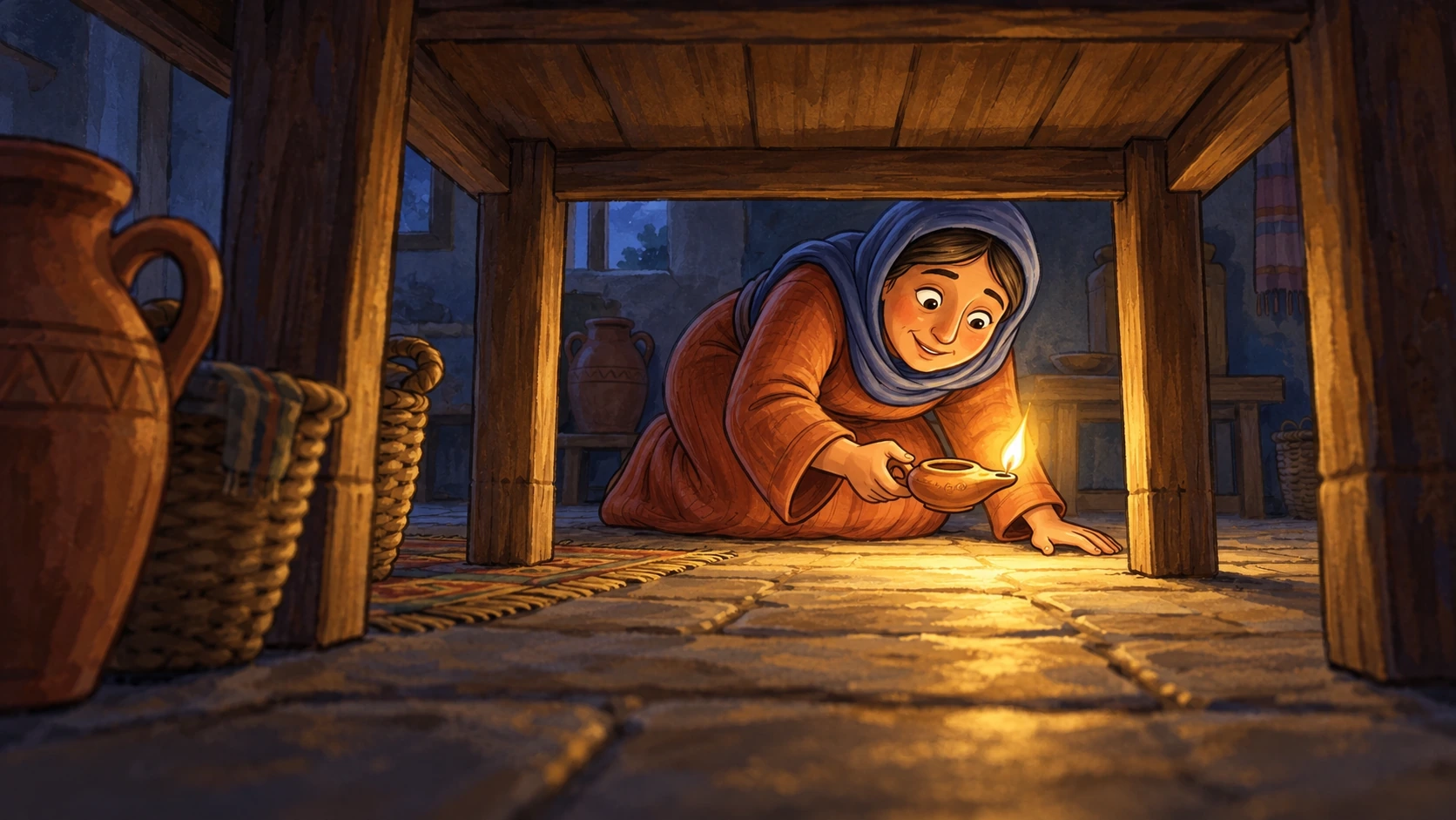 The woman looked under the table with her lamp.