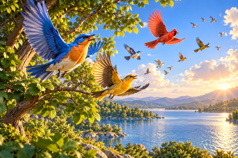 Las aves llenaron el cielo de alas y cantos.