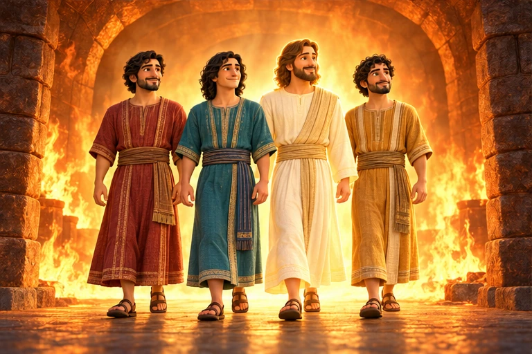 The king saw four figures walking freely in the furnace.