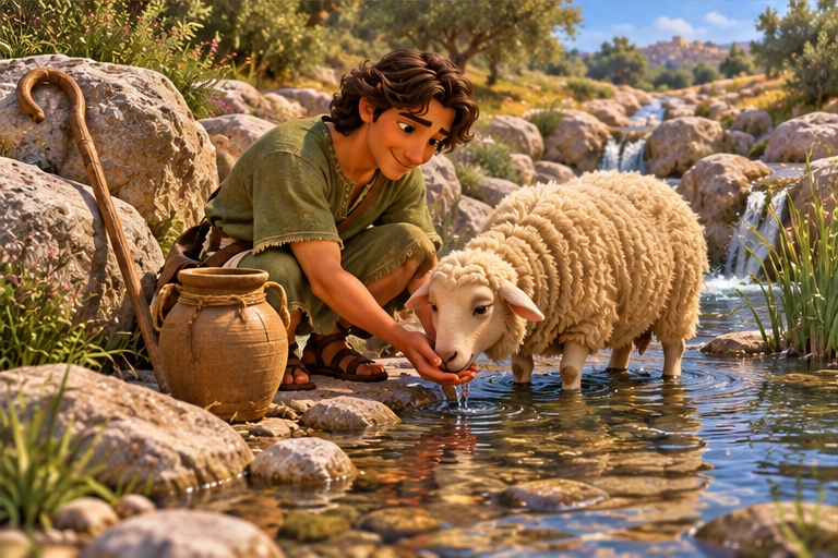 El pastor lleva a las ovejas al agua.