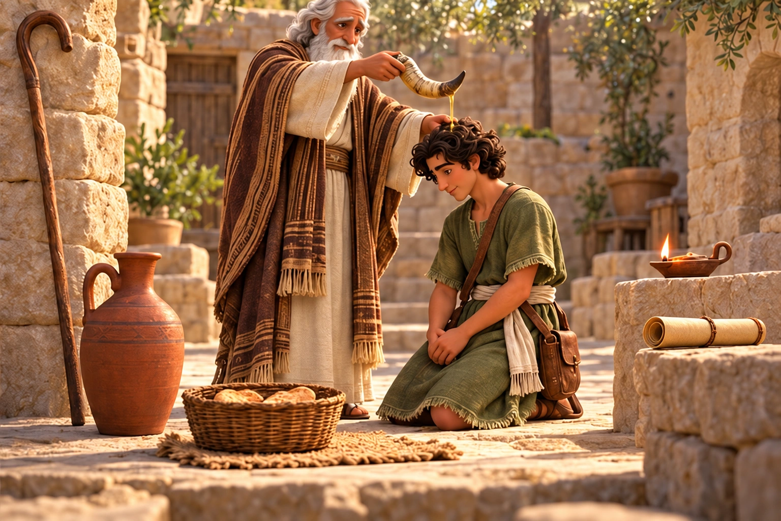Samuel anoints David with oil.