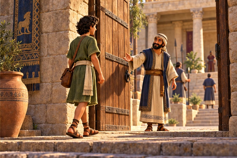 The young shepherd arrives at the palace.