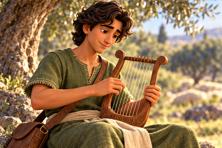 David carefully plays the strings.