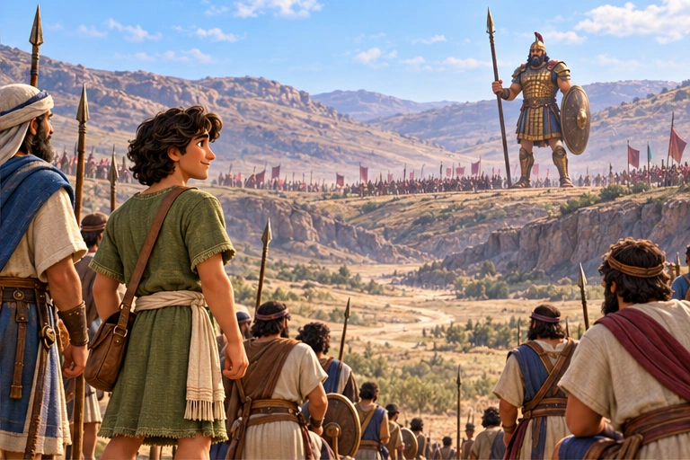 Goliath challenges the people from the valley.