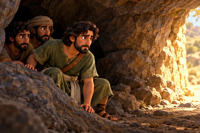 David y sus hombres se esconden en la cueva.