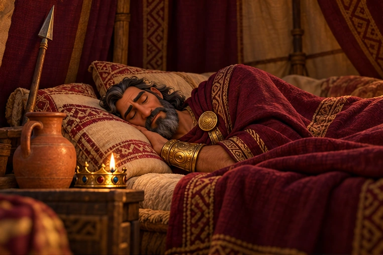 Saul sleeps beside his spear and water jug.