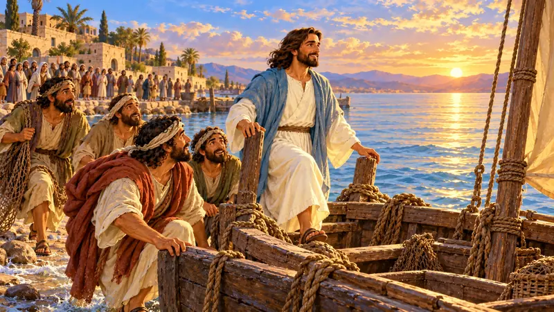 Jesus and his disciples got into the boat.
