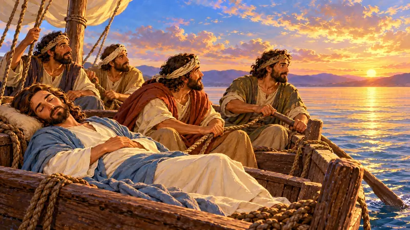 Jesus rested on a cushion as they sailed.
