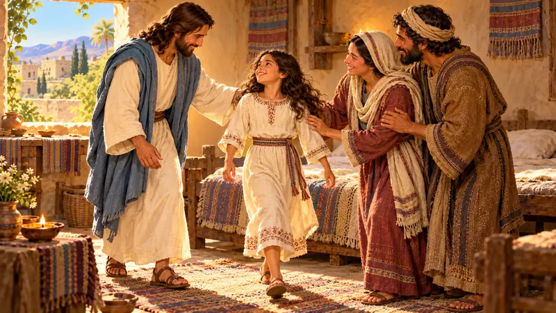 La hija de Jairo se levantó y caminó junto a Jesús y sus padres.