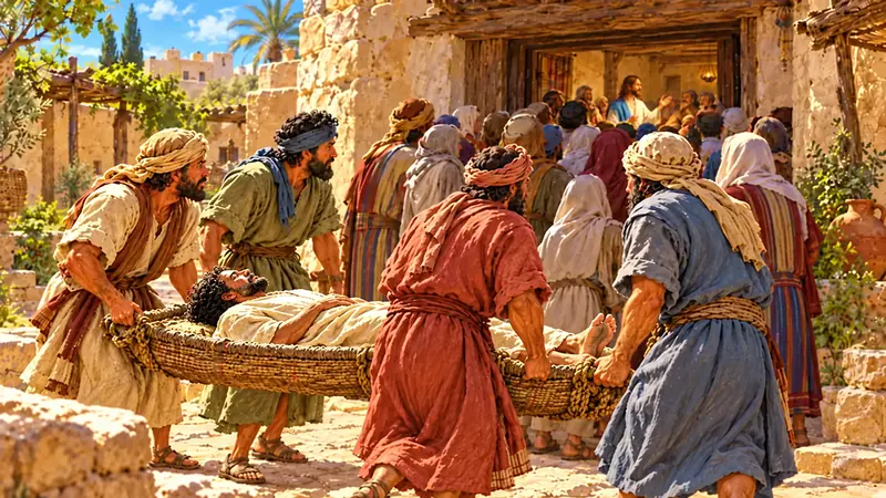 Los cuatro amigos cargan al mismo hombre sobre su estera afuera de la casa; la multitud bloquea la puerta mientras escucha a Jesús.