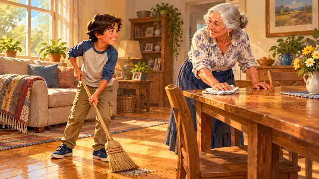 Un niño ayuda con cariño a su abuelita a limpiar su casa.