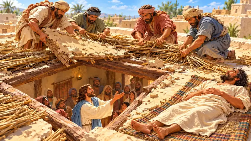 Los cuatro amigos retiran partes del techo de la casa para abrir un espacio sobre Jesús; su compañero espera sobre la estera.