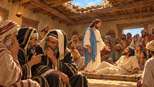 Dentro de la misma casa, varios maestros fariseos murmuran entre sí después de que Jesús perdona al hombre.