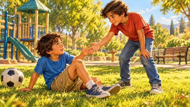 Un niño se ha caído mientras juega y otro se acerca, ofreciéndole una mano para ayudarlo a levantarse.