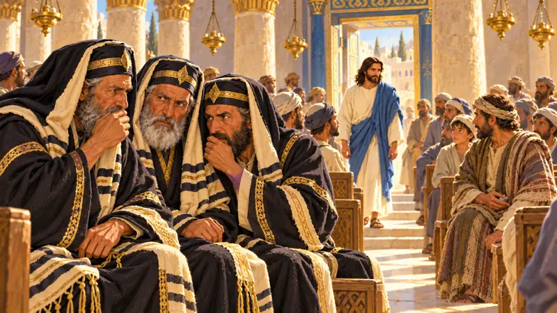Los mismos fariseos de túnicas negras y mantos claros miran a Jesús entrar y murmuran dentro de la sinagoga.