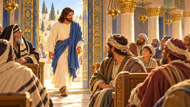 Jesús, con su túnica clara y manto azul, entra por la puerta de la misma sinagoga de columnas de piedra y lámparas doradas.