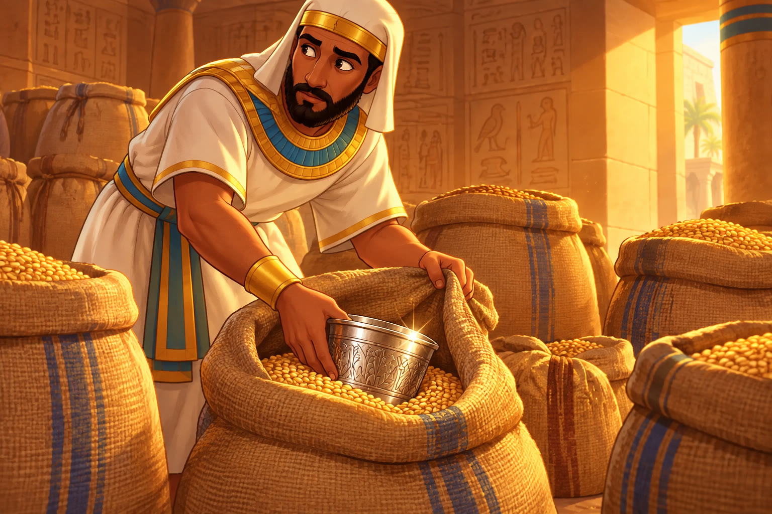 A servant hides Joseph's silver cup in Benjamin's grain sack