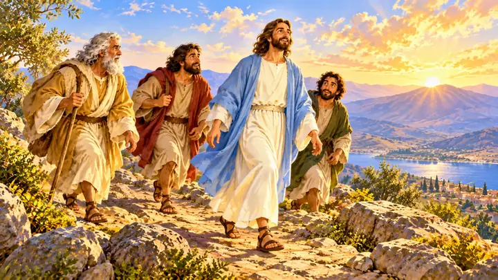 Jesus and three friends climbed the mountain.
