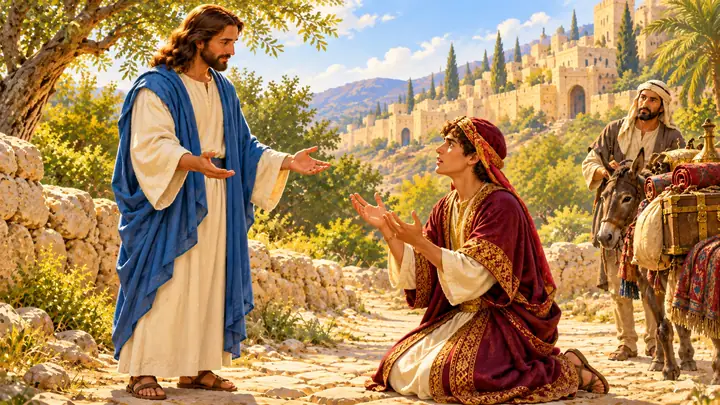 The young man knelt before Jesus to ask a question.