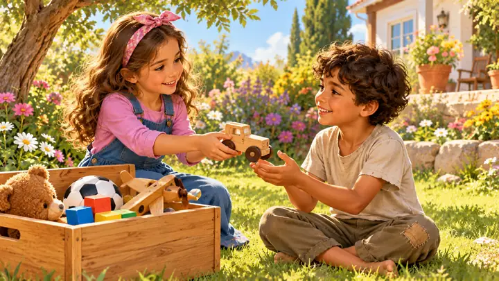A girl shared her toys with another child.