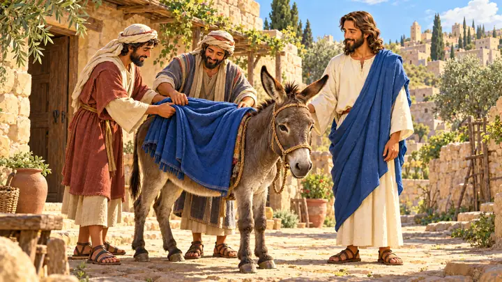 Dos discípulos prepararon el burrito para Jesús.