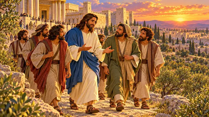 Jesus and his disciples walked toward the Mount of Olives.