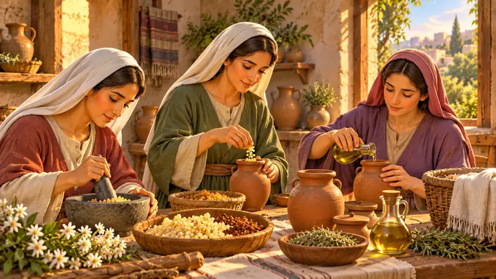 Las mujeres prepararon especias antes de descansar.