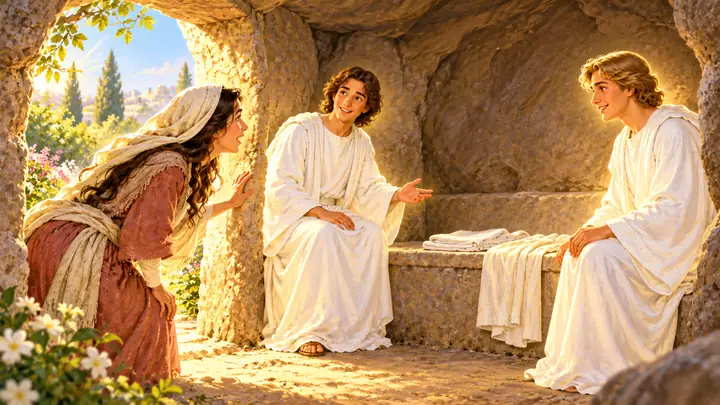 Mary looked inside the tomb and saw two angels.