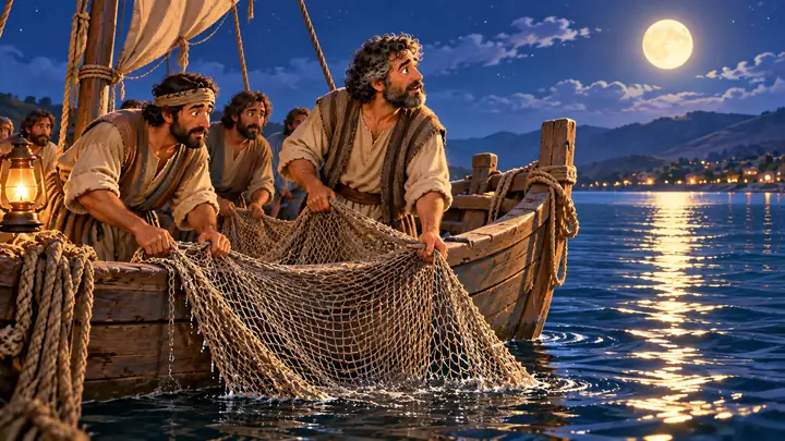 The disciples fished all night without catching fish.