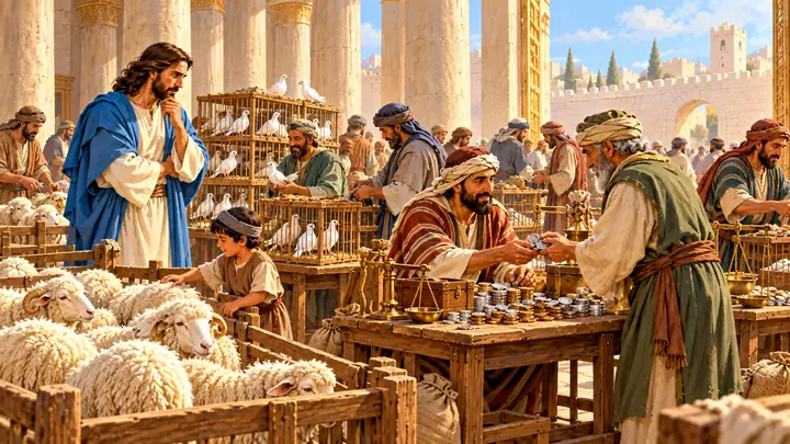 The temple courtyard was full of selling and noise.