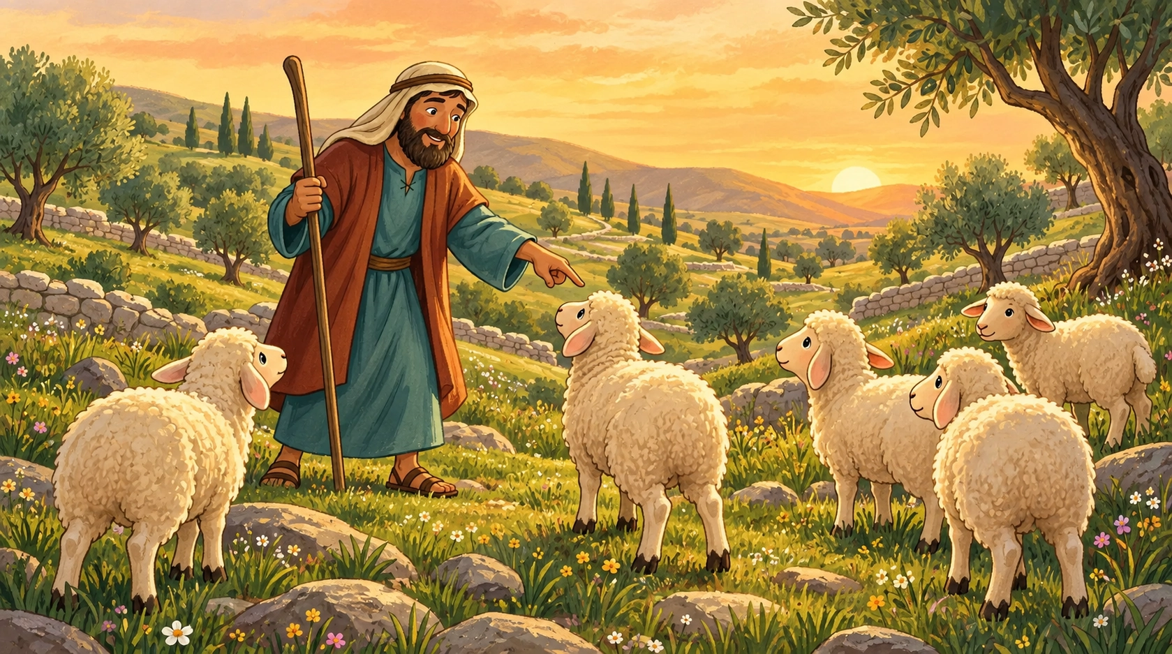 The shepherd counted his little sheep, pointing to them one by one.