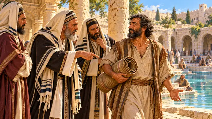 The Pharisees questioned the man for carrying his mat on the Sabbath.