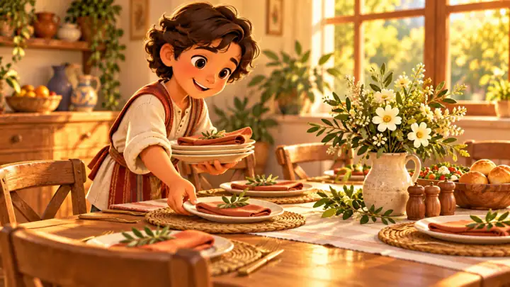 A child helped set the table.