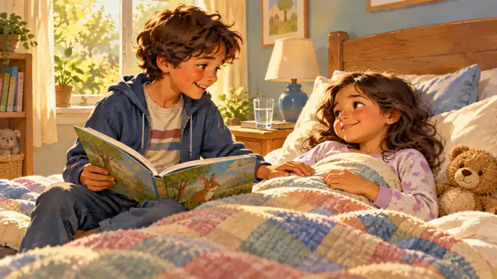 A child lovingly kept a sick child company at home.