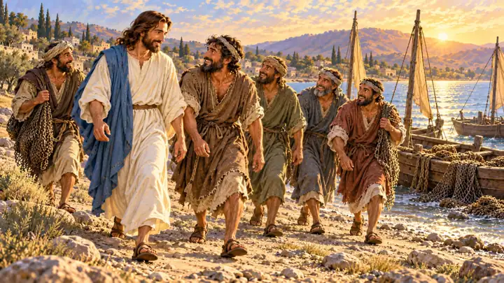 Peter and his friends left their boats and followed Jesus.