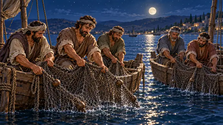 Peter and his friends worked on the lake during the night.