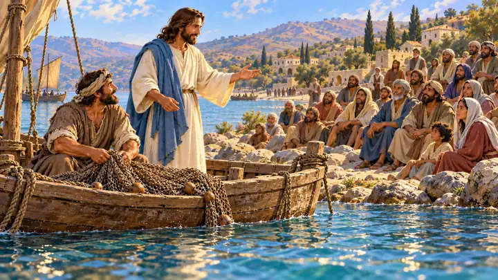 Jesus taught the crowd from Peter's boat.