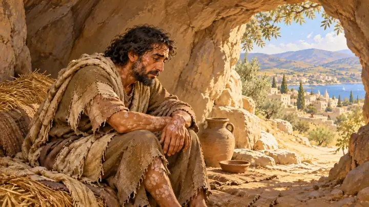 The man lived alone in a cave, away from others.