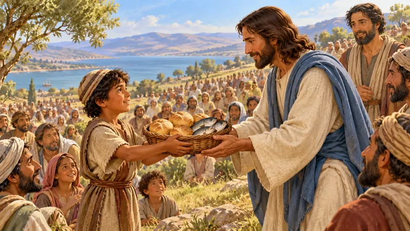 Un muchacho presenta a Jesús una cesta con cinco panes y dos peces.