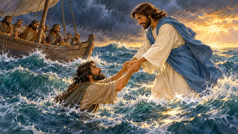 Jesús toma la mano de Pedro entre las olas junto a la barca.