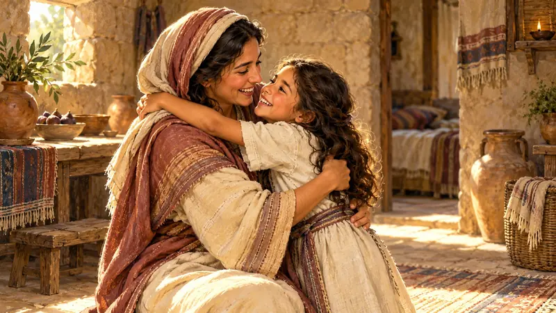 Una madre abraza a su hija sana en el patio de su casa.