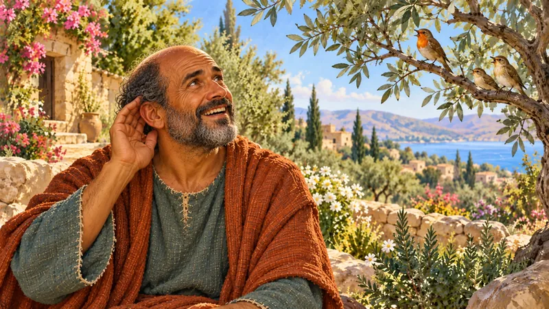 A man smiles as he hears birds near Jesus.