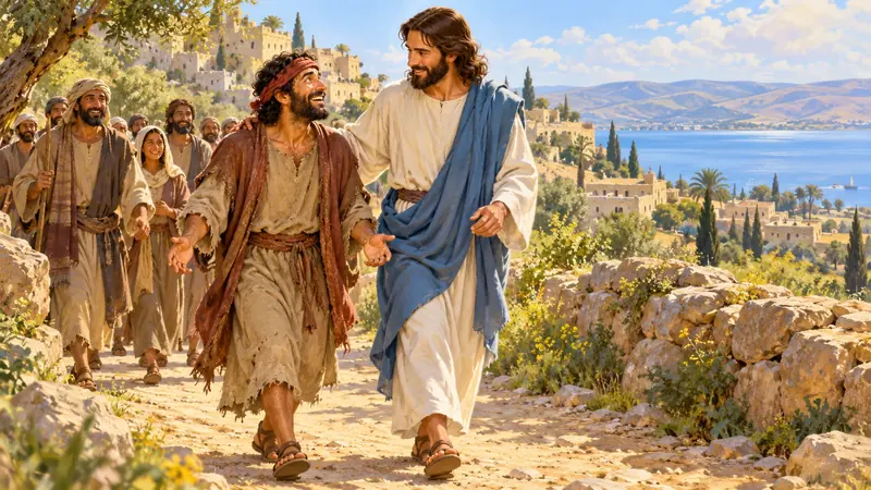 Bartimeo camina feliz junto a Jesús, llevando su capa.