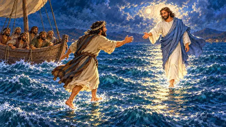 Pedro salió de la barca para acercarse a Jesús.