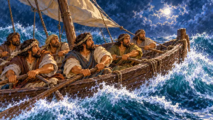 Los discípulos remaban contra el viento.