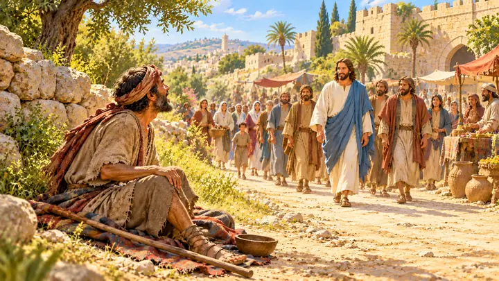 Bartimeo oyó que Jesús venía con una multitud.