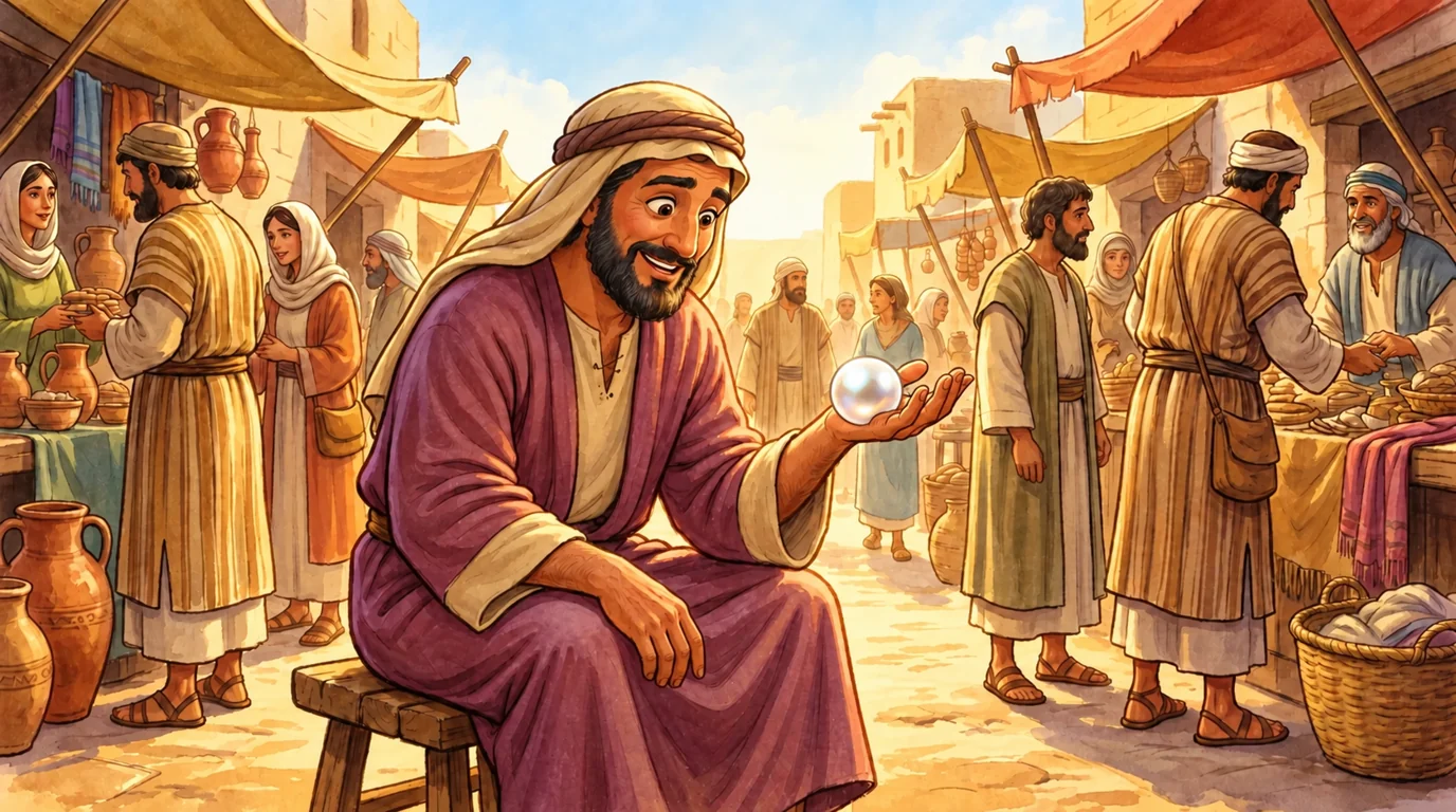 A happy merchant holds a precious pearl.