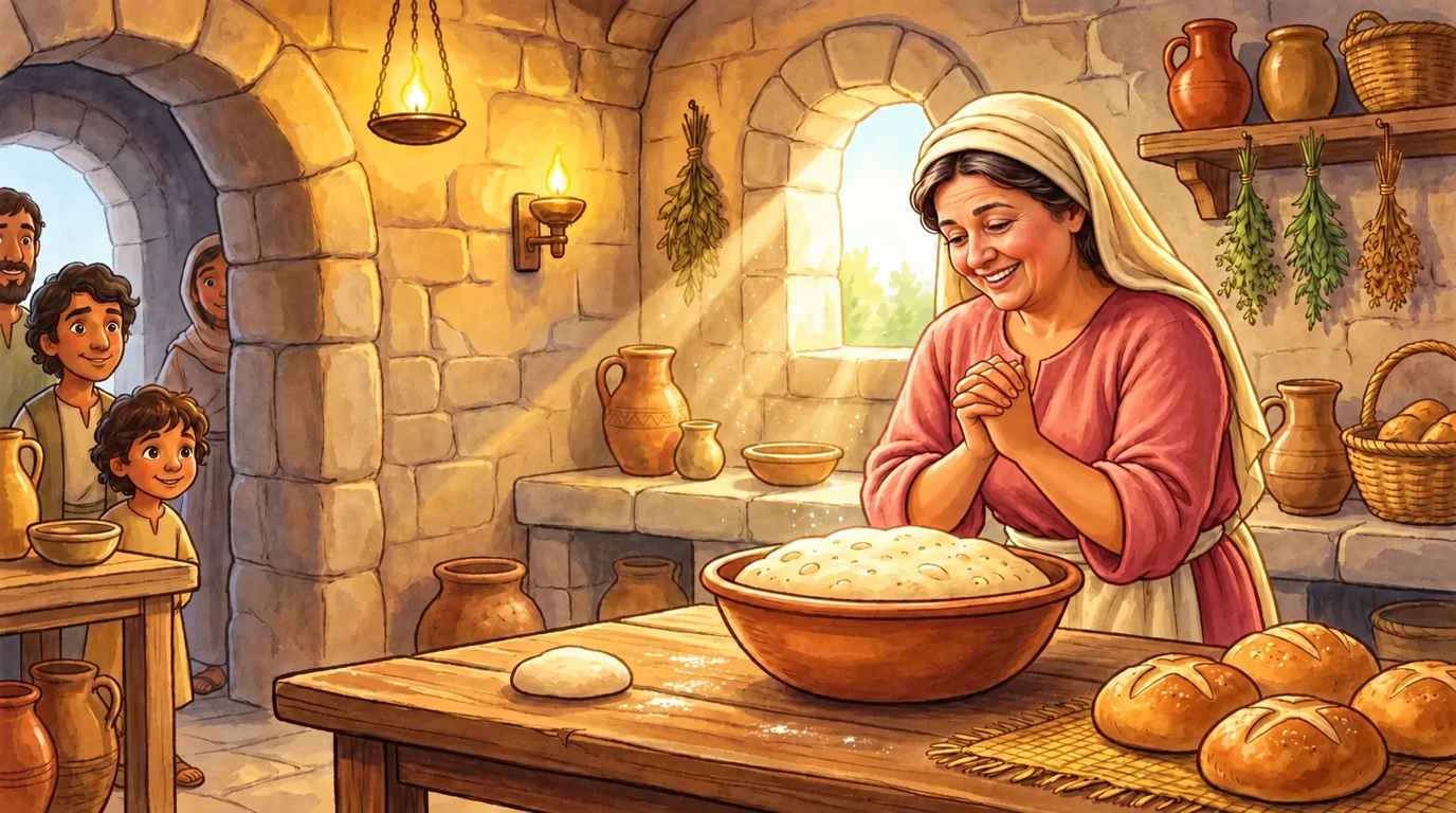 The woman looks at the risen dough in her kitchen.