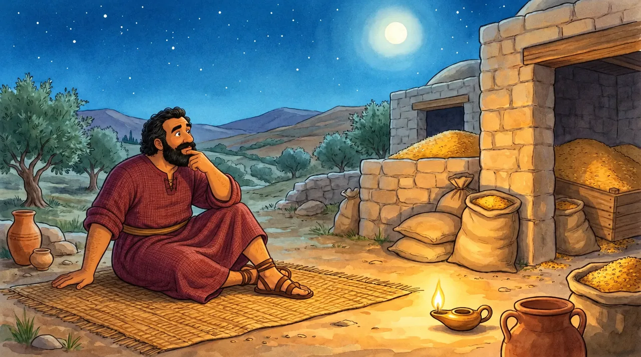 A man sits alone at night thinking about his riches.
