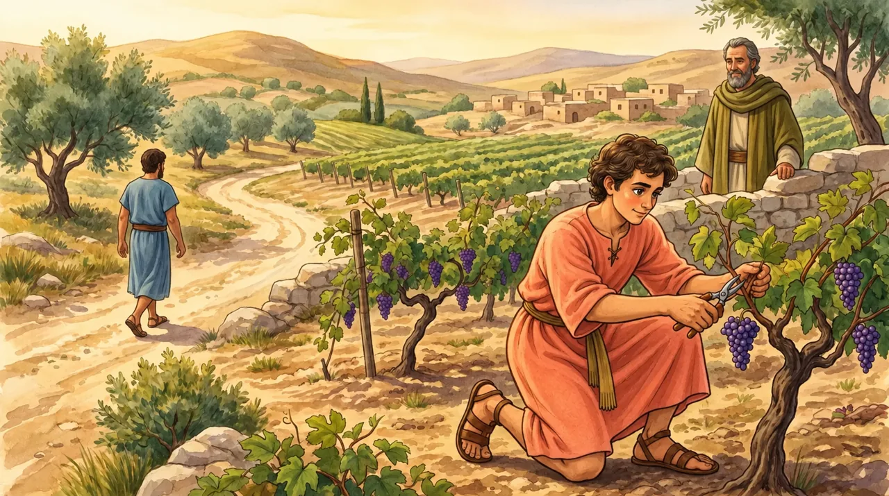 One son tends the vineyard while the other walks away without working.